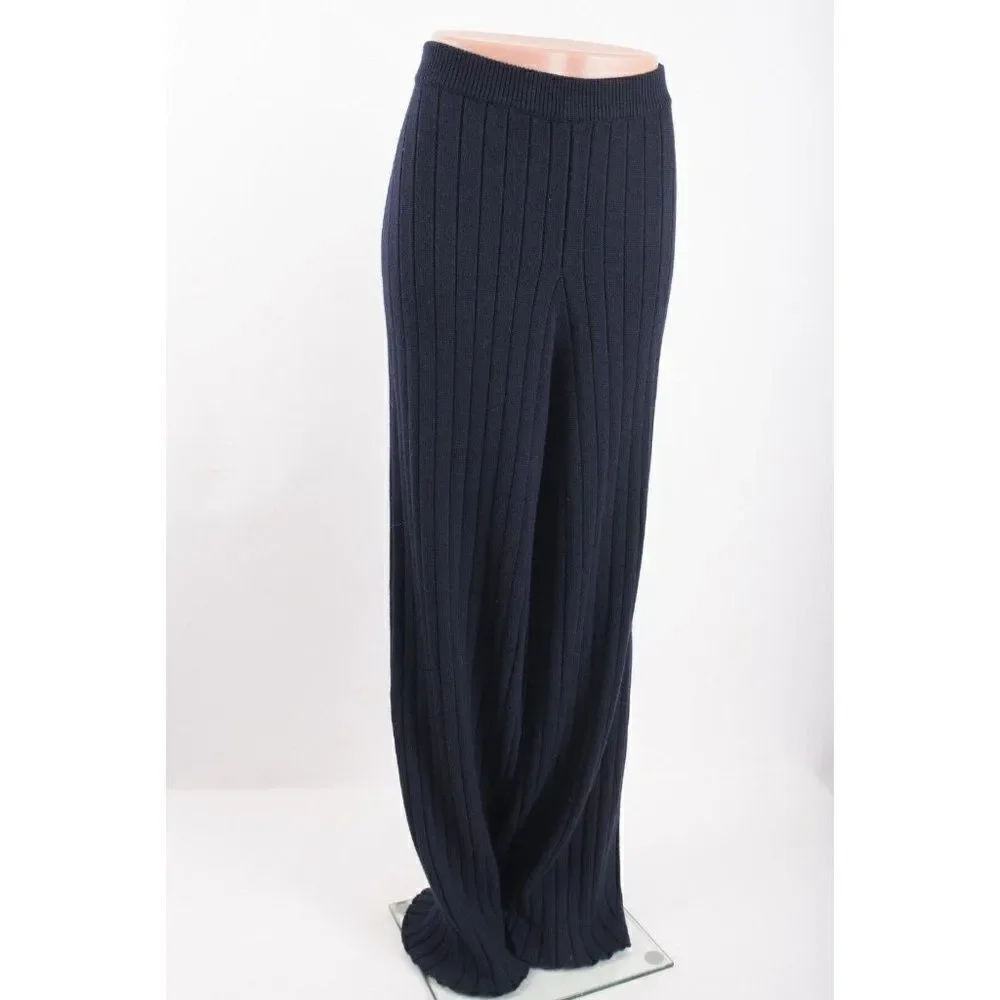 St. John Womens Knit Wide Leg Ribbed Pants L Navy Blue 100% Wool K814023 NWT - Picture 2 of 10